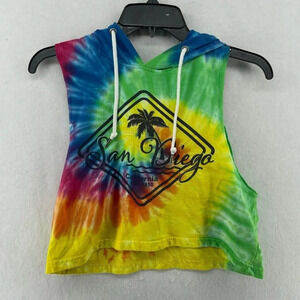 San Diego Tank Top Women's Sm Yellow Blue Tie-dye Boxy Cropped Hooded Drawstring